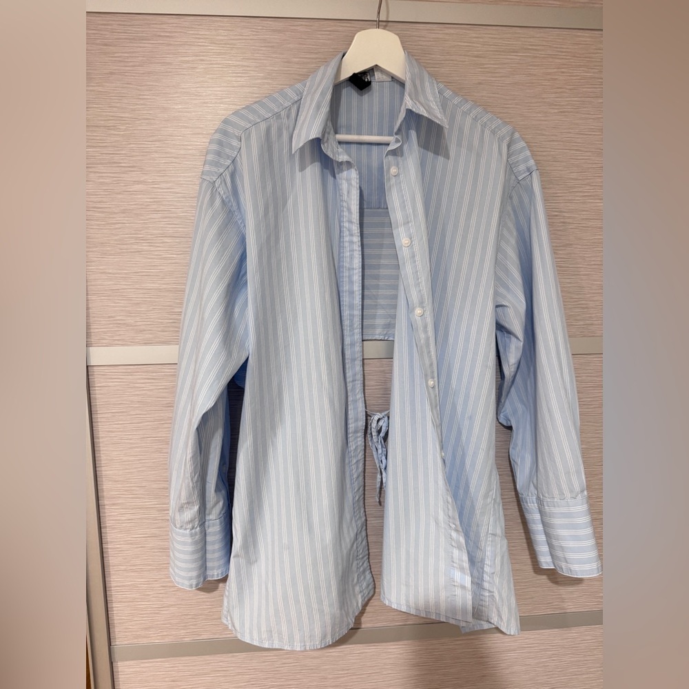 H& M Striped Cotton Relaxed Fit Shirt With Open Back In XS - Picture 2 of 11